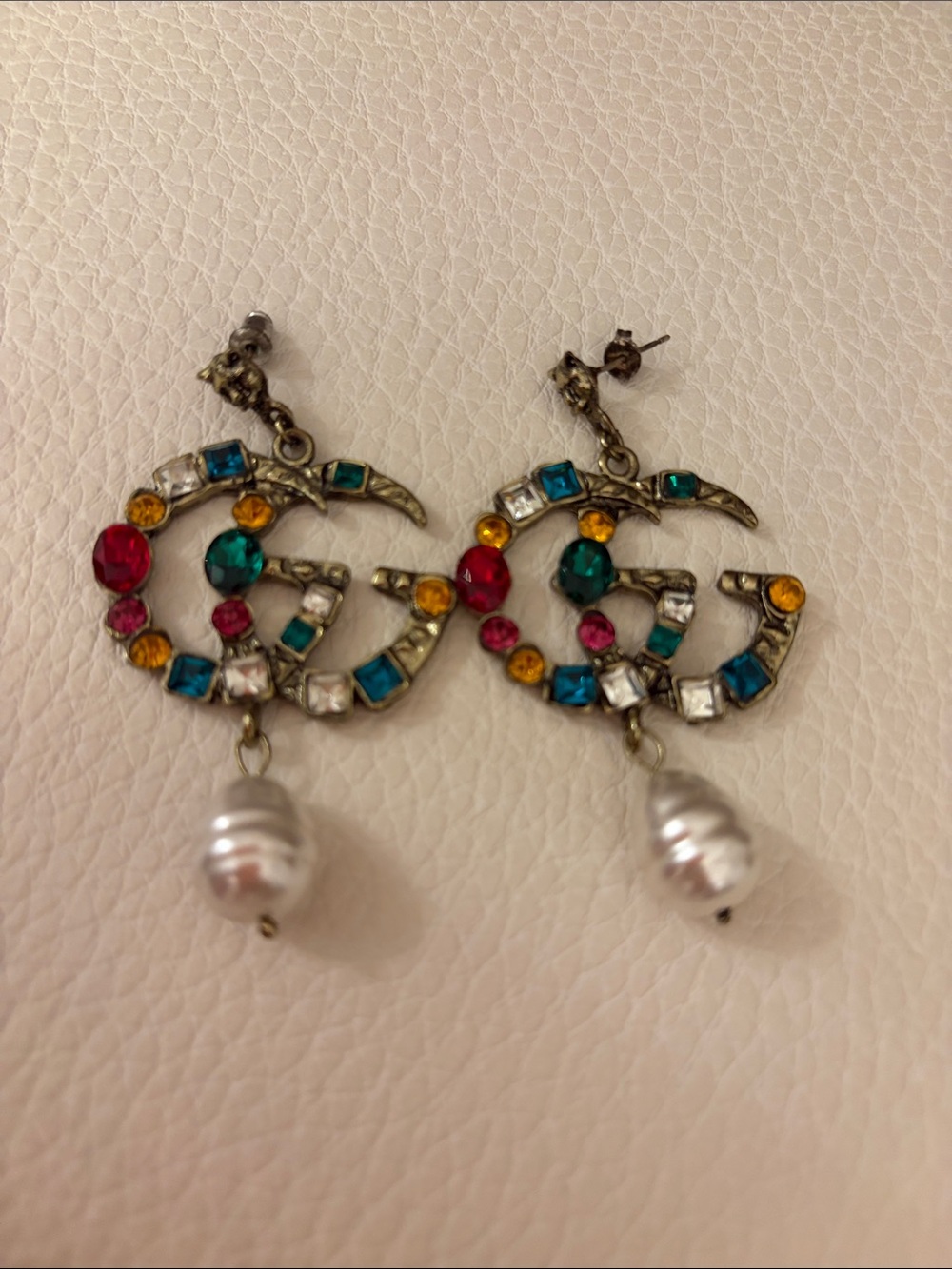 Gucci Multicolor Crystal Drop Logo-Style Earrings with Pearl Accent